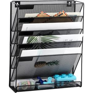 EASEPRES Desk File Organizer Mesh 6-Tier, Hanging Wall Mount Document Organization Stand, Desktop Vertical Mail Paper Folder Holder Rack with Bottom Tray for Office Home Cubicle Countertop, Black