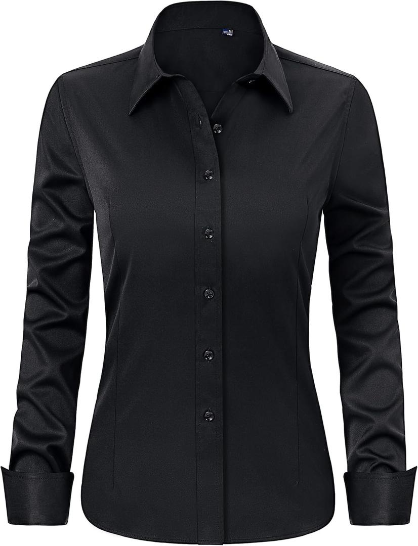 J.VER Womens Dress Shirts Long Sleeve Button Down Shirt Wrinkle-Free Business Casual Blouse Office Work Tops (Small, Black)