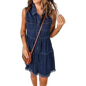 luvamia Women's Casual Summer Lapel Sleeveless Button Down Short Denim Jean Dress, M