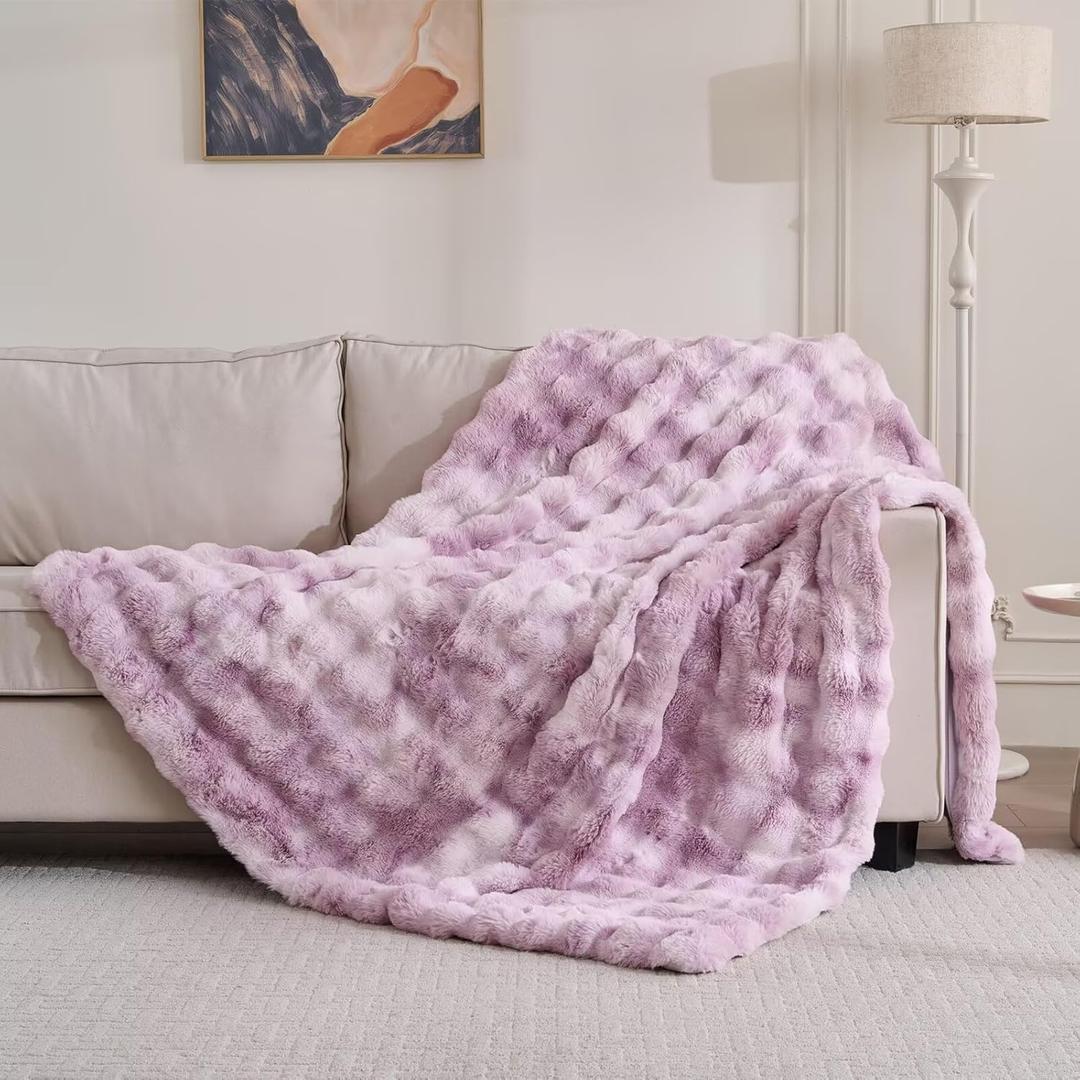 760GSM Faux Rabbit Faux Fur Throw Blanket, Super Thick Warm Bubble Blanket Throw, Fuzzy Luxury Plush Decorative Blanket for Couch Bed Sofa(Tie-dye Lavender,50''x 60'')
