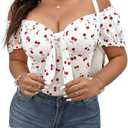 Floerns Women's Plus Size Cherry Print Off Shoulder T Shirt Short Sleeve Tie Front Tee Tops XXL