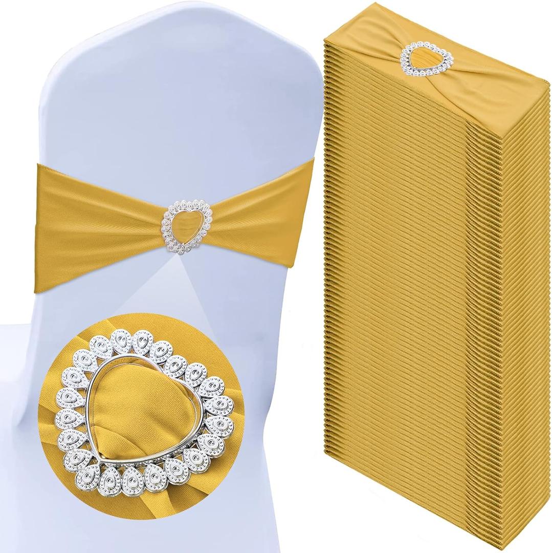 100 Pcs Spandex Chair Sashes with Heart Shaped Buckle Slider Stretch Chair Cover Band Universal Elastic Ties for Wedding Banquet Event Party Decoration(Gold)