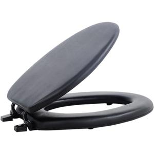 PowerSellerUSA Vinyl Soft Elongated Toilet Seat, Adjustable Hinges Toilet Seats with Non Slip Grip Tight Bumpers, Oval Shape Heavy Duty Plastic Bathroom Toilet Seat Close Lid Set, Black
