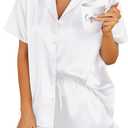 HOTOUCH Womens Satin Pajamas Set Button Down 2 Piece Silk Pjs Shorts Set Ruffle Lingerie Notch Collar Sleepwear (XX-Large, White)