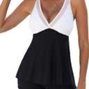 Kate Kasin 2 Piece Tankini Swimsuits for Women Tummy Control Bathing Suits Mesh Sheer V-Neck Flowy Swim Suits with Boyshorts (Large, White/Black)