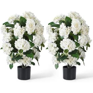Faux Hydrangea Trees 30“ 2 Pack, Hydrangea Artificial Flower for Outdoor, UV Resistant Lifelike Potted Shrubs for Porch & Patio, Fake Plants for Wedding, Living Room Farmhouse (White)