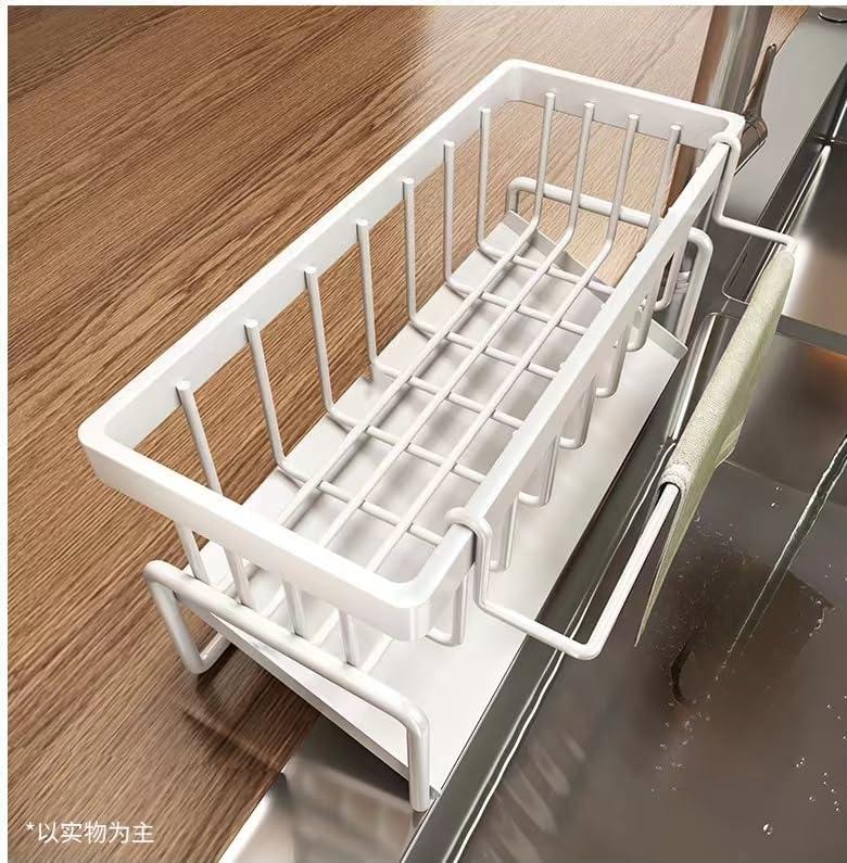 Stainless Steel Kitchen Sink Caddy, Sponge Holder Self Drain Soap Dish with Detachable Dishcloth Rack for Kitchen Countertop Organizer, White