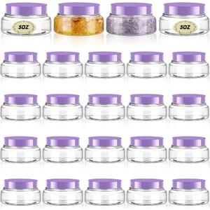 Tessco for you 24 Pack Plastic Jars with Lids Labels Multiuse Slime Containers Empty Body Scrub Jars Round Refillable Cosmetic Body Butter Containers for Makeup Travel Storage(5 oz,Clear, Purple)