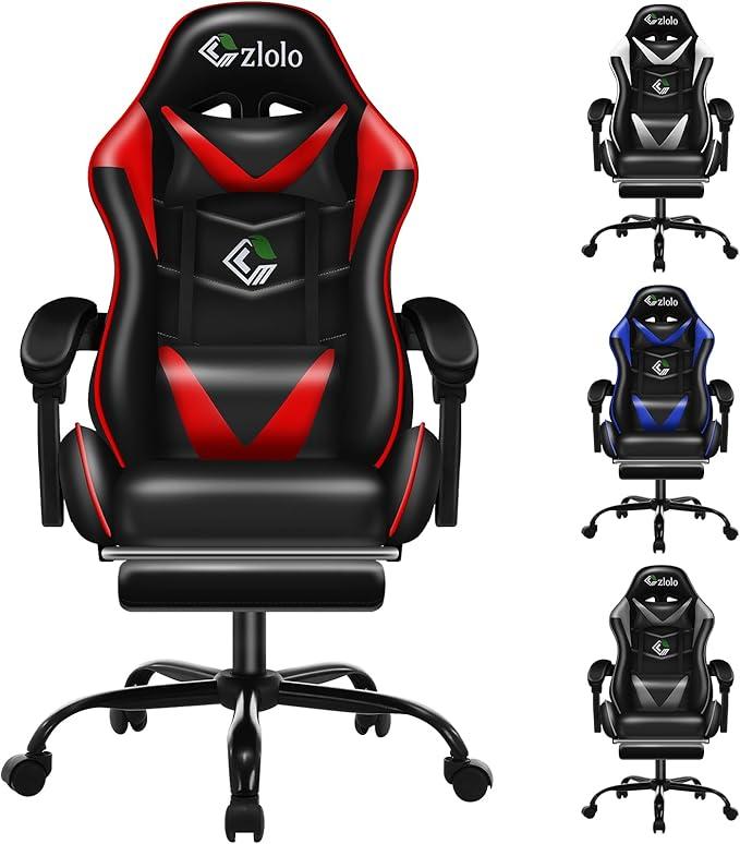 Gaming Chair with Footrest Racing Style Lumbar Support Massager Video Game Chair with Metal Legs, High Back Reclining Gamer Chair with Headrest, 360° Swivel Office Computer Desk Chair (Red)
