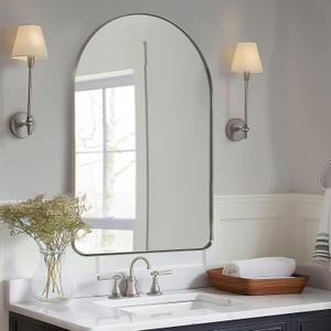 ANDY STAR Arched Mirror, 24" x 38" Brushed Nickle Bathroom Mirror in Stainless Steel Metal Frame, Arch Top Rounded Corner 1" Deep Set Design Wall Mount Hangs Vertical