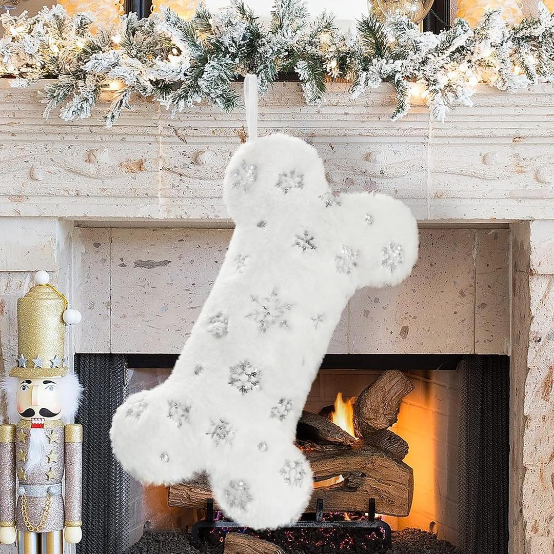 Senneny Snowy White Plush Pet Dog Christmas Stocking, Silver Snowflake Sequin Dog Christmas Stockings Large Bone Shape Faux Fur, Hanging Christmas Holiday Season Party Decor for Pets Dogs