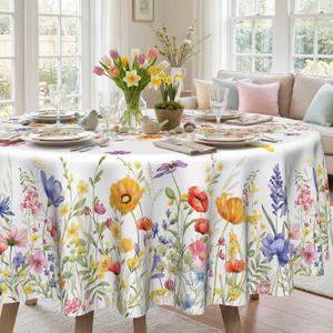 Spring Floral Tablecloth Round 52 Inch, Spring Watercolor Flowers Decorations for Home Table Cloth, Blooming Flower Decor Tablecloths Polyester for Picnic Party Dinner