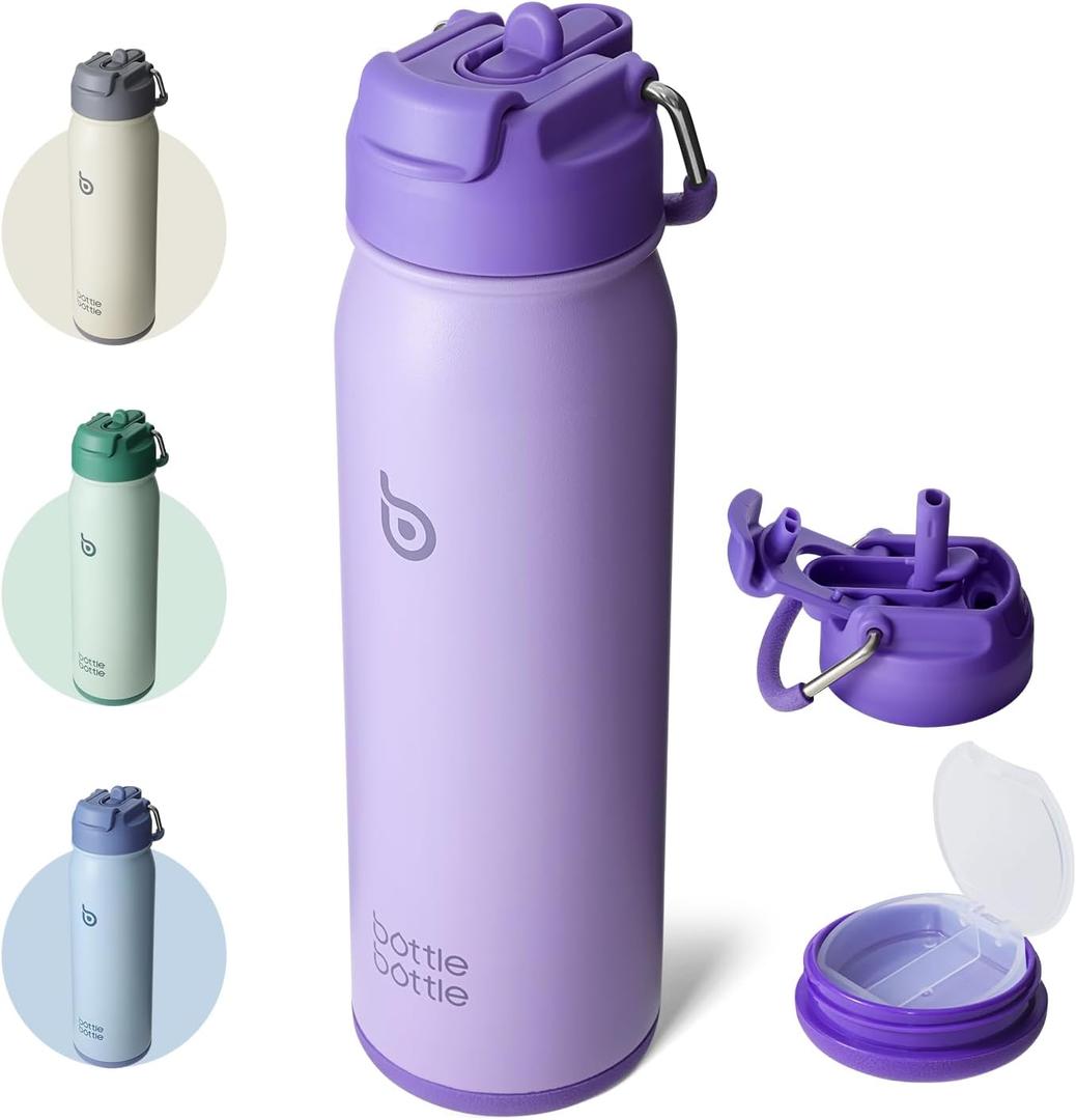 BOTTLE BOTTLE 24oz Insulated Water Bottle Stainless Steel Sport Water Bottle with Straw and Adjustable Lid Daily Pill Organizer (purple)