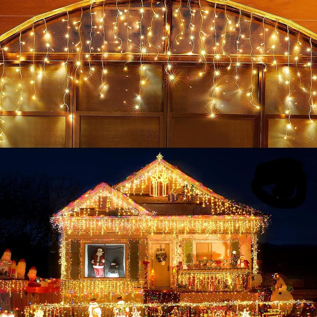 Led Christmas Lights Outdoor Christmas Decorations Hanging Light 400LED 8 Modes 75 Drops, Waterproof Outdoor Indoor Fairy Christmas Lights for Party, Holiday, Wedding, Eaves Decorations (Warm Light)