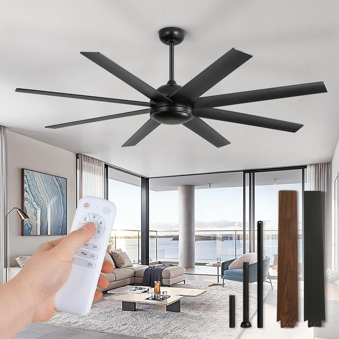 Fanbulous 65 Inch Ceiling Fans No Light with Remote, Black Indoor/Outdoor Ceiling Fan Without Light with Quiet Reversible DC Motor, 6 Speeds, 8 Blades Large Ceiling Fan for Living Room Bedroom Patio