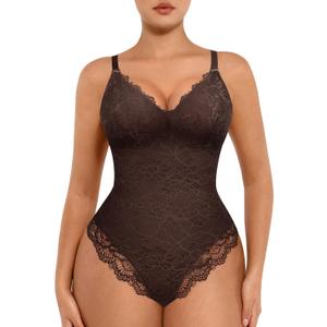 FeelinGirl Shapewear Bodysuits for Women Lace Shapewear Tummy Control V-Neck Sleeveless Bodysuit Tops Jumpsuit (Large, Brown)