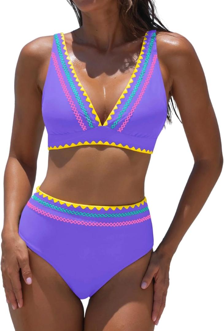 popvil High Waisted Bikini Set for Women Two Piece Tummy Control Swimsuit Color Block Bathing Suit Beach Vacation 2026 (Purple, L)