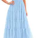 PRETTYGARDEN Women's Smocked Midi Tulle Dress 2025 Summer Puffy Short Sleeve Square Neck Ruffle Wedding Guest Party Dresses (Light Blue, Large)