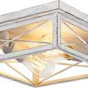 Antique White Hallway Light Fixture, 2-Light Farmhouse Flush Mount Ceiling Lighting, 1-Pack Metal Kitchen Lighting Fixture, Square Close to Ceiling Lamp for Bedroom Living Room Entryway