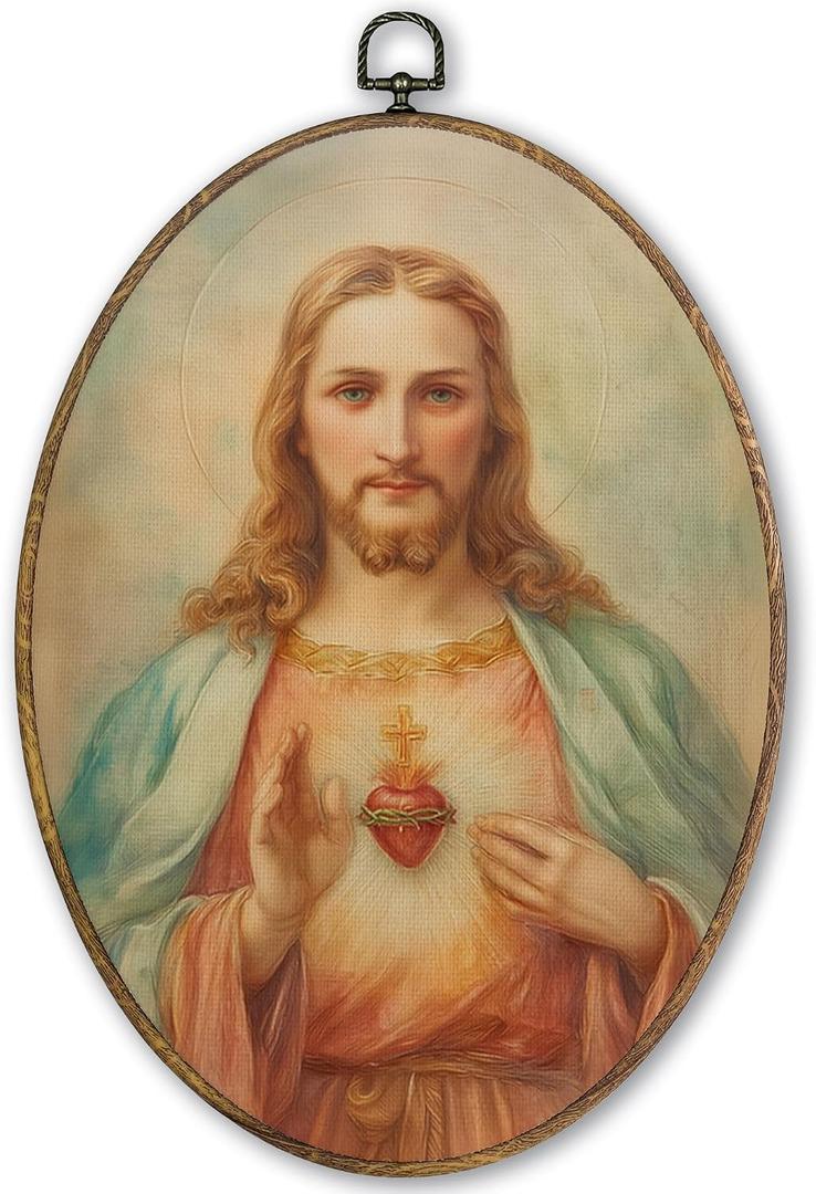 TLESKE Vintage Sacred Heart of Jesus Oval Wall Art Decor Framed 9x12, Christian Catholic Canvas Wall Art Prints Artwork, Religious Hanging Wall Picture Room Door Decor for Bedroom Living Room Kitchen, 11.3"L x 8.7"W