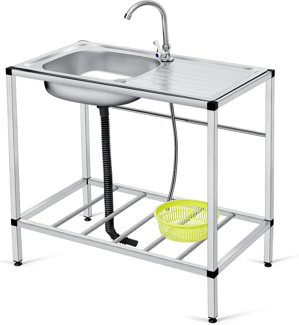 Tandefio Freestanding Outdoor Kitchen Utility Sink Set Stainless Steel Single Bowl Sink Commercial Restaurant Utility Portable Sink for Restaurant Cafe Bar Hotel Garage Laundry Room(Classic)