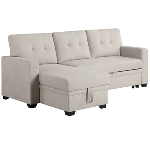 Devion Furniture L-Shaped Polyester Fabric Reversible, Easy Convertible Pull-Out Sleeper Sectional Sofa/Storage Chaise with Tufted Back Cushions and Track Arms in Beige