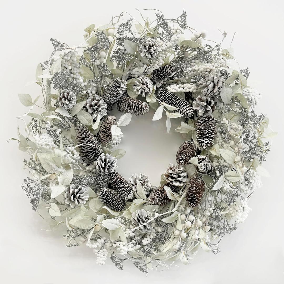 24 inch White Christmas Wreath, Winter Wreaths for Front Door with Pinecones Berries for Fireplace Xmas Decorations, Front Porch Decor and Wall Window Decor