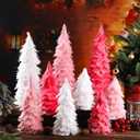 9 Pcs Christmas Feather Tree Table Top Feather Christmas Tree Xmas Tree Tabletop Decor Centerpieces for Winter Wedding Party Shelf Home Craft, 3 Size 6'' 8'' 12'' Fake Indoor Trees(White Pink)