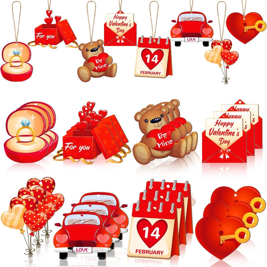 Yalikop 24 Pieces Valentine's Day Wooden Ornaments Embellishments Valentine Gnome Love Heart Wooden Ornament Buffalo Plaid Hanging Ornaments Truck Wooden Slice for Holiday Wedding Decor (Cute Style)