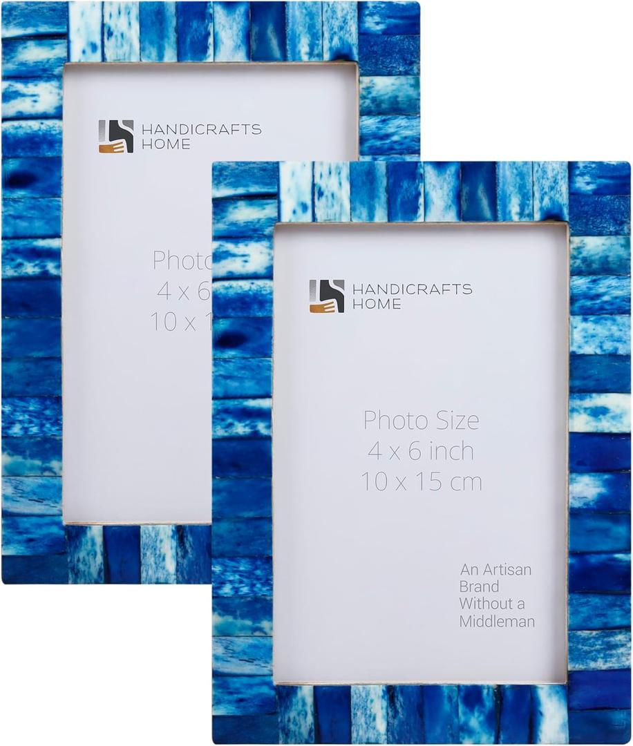 Handicrafts Home 4x6 Blue Picture Frame Set of 2 Handmade Bone Inlay Photo Frame, Classic Collection, Decorative Boho Frame for Wall & Tabletop, Modern Farmhouse & Coastal Home & Living Room Decor