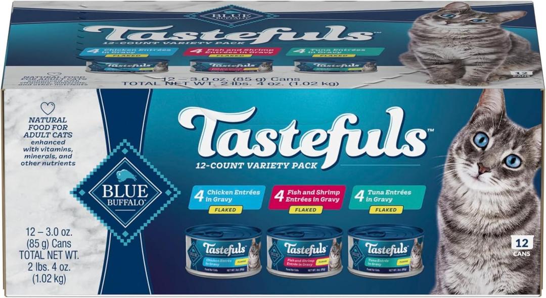 Blue Buffalo Tastefuls Flaked Wet Cat Food Variety Pack, Made with Natural Ingredients, Tuna, Chicken, Fish & Shrimp, 3-oz Cans (12 Count, 4 of Each) (EXP 04/08/28)