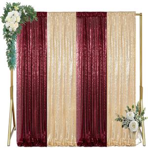 ShinyBeauty Light Gold Burgundy Sequin Backdrop 4 Pcs Sequin Curtains 2FTx8FT Glitter Curtains Wedding Backdrops Sparkle Photography for Happy Birthday