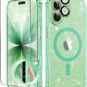 BERFY for iPhone 17 Case for Women, Clear Glitter Shockproof Protective Case, Anti-Yellowing, with Screen Protector & Camera Lens Protector 6.3", Magnetic Sparkle Green