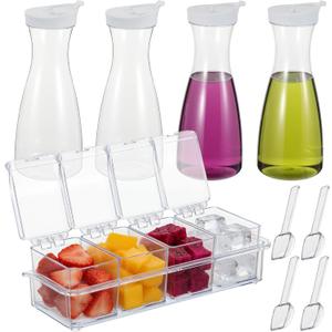 5 Pcs Mimosa Bar Supplies, Plastic Carafe with Lids, Clear Round Juice Pitcher Containers, Seasoning Box with Lid, Fruit & Garnish Tray for for Juice, Milk, Iced Tea, Salad, Candy Containers