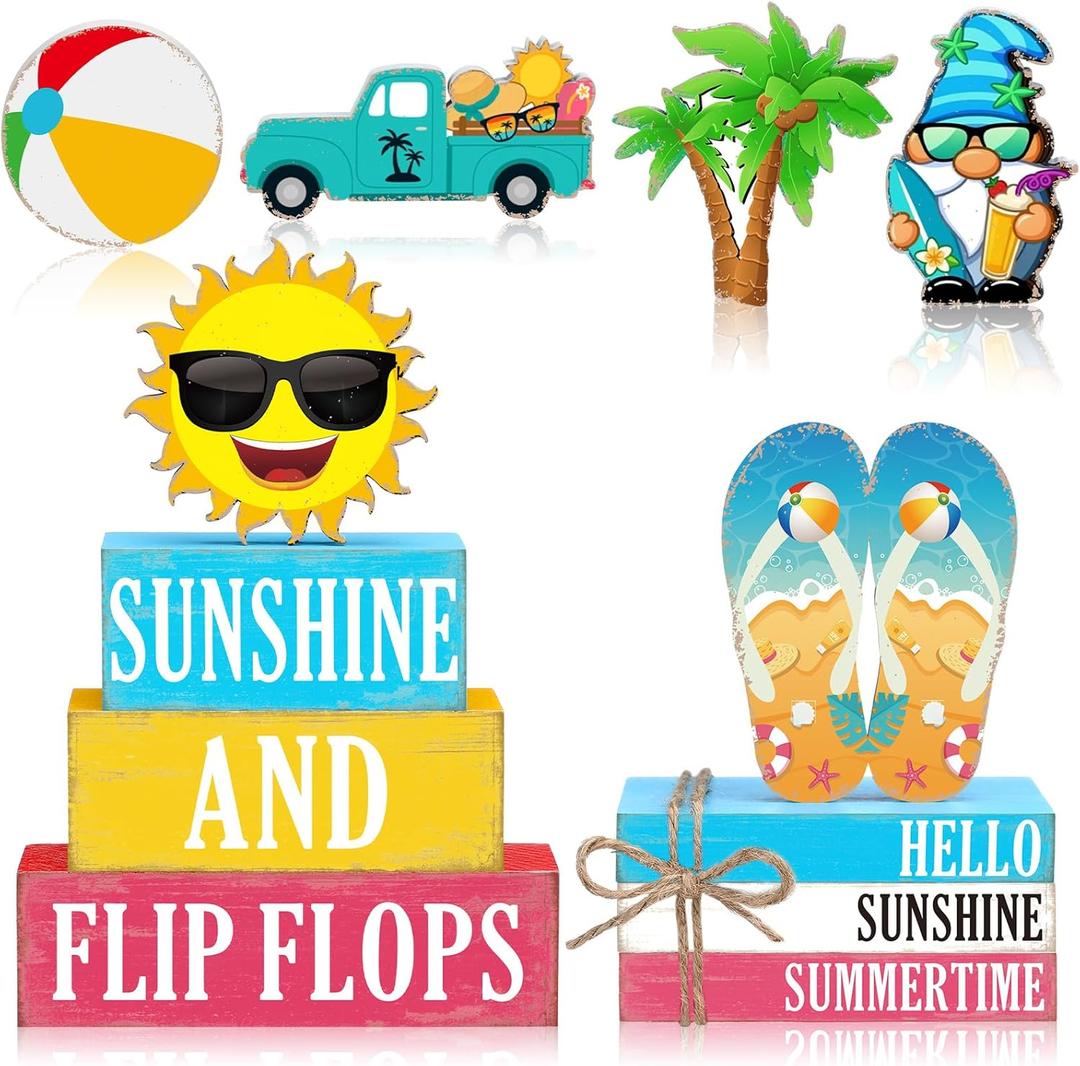 Vercraft 11 Pcs Summer Decorations Set Sunshine Tiered Tray Decor Hello Sweet Summer Wooden Blocks Flip Flops Coconut Tree Centerpiece for Home Office Decorations