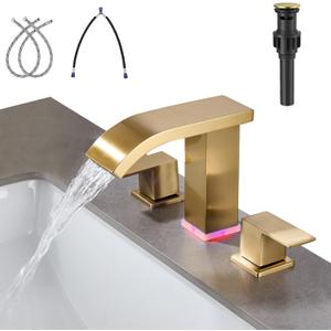 LED Light Widespread Bathroom Faucets for Sink 3 Hole Waterfall Brushed Gold-Bathroom Faucet with Pop-up Drain Assembly, 8 Inch Bathroom Sink Faucet 2-Handles,Modern Lavatory Vanity Faucet