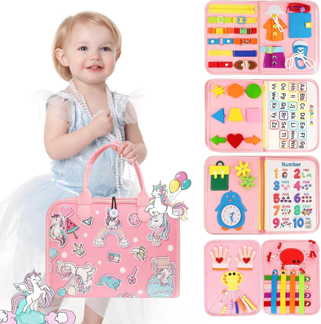 Montessori Busy Board & Busy Book for Toddler  Educational Toys for 3 Year Old Girls, Sensory Activity Board, Fine Motor Skills Learning Gift (Pink/P8--big Unicorns)