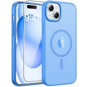 FNTCASE for iPhone 15 Case: for iPhone 14 Case & iPhone 13 Case [Compatible with Magsafe] Translucent Matte Cases with [Screen Protector] Military Grade Shockproof Protective Phone Cover - Ice Blue