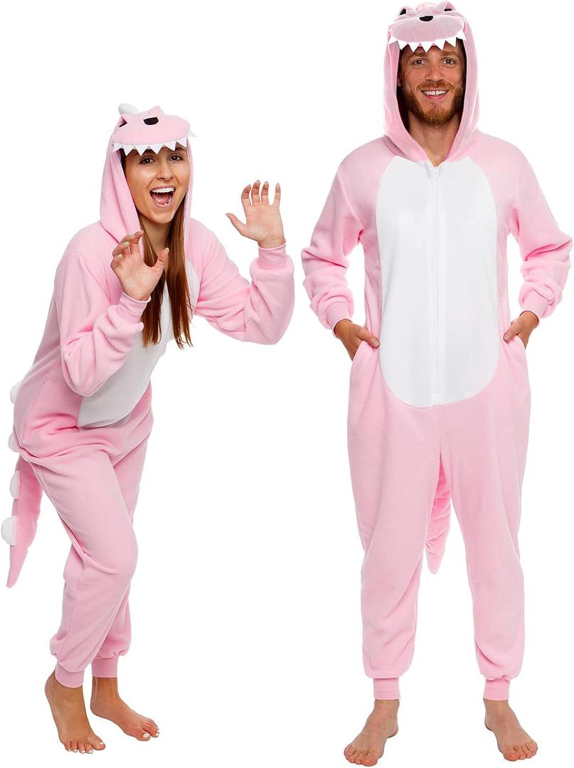 Funziez! Slim Fit Adult Onesie - Animal Halloween Costume - Plush Fruit One Piece Cosplay Suit for Women and Men (X-Large, Pink Dinosaur)