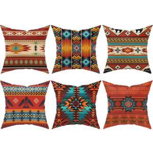 Native American Throw Pillow Covers Set of 6, Western Rustic Burnt Orange Home Decor Outdoor Tribal Ethnic Farmhouse Navajo Decorative Cushion Case 18"X18"