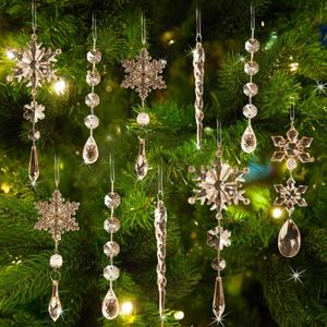 18pcs Crystal Christmas Ornaments for Christmas Tree Decorations-Champagne Hanging Acrylic Snowflake and Icicle Ornaments with Drop Pendants for New Year Party Decorations Supplies