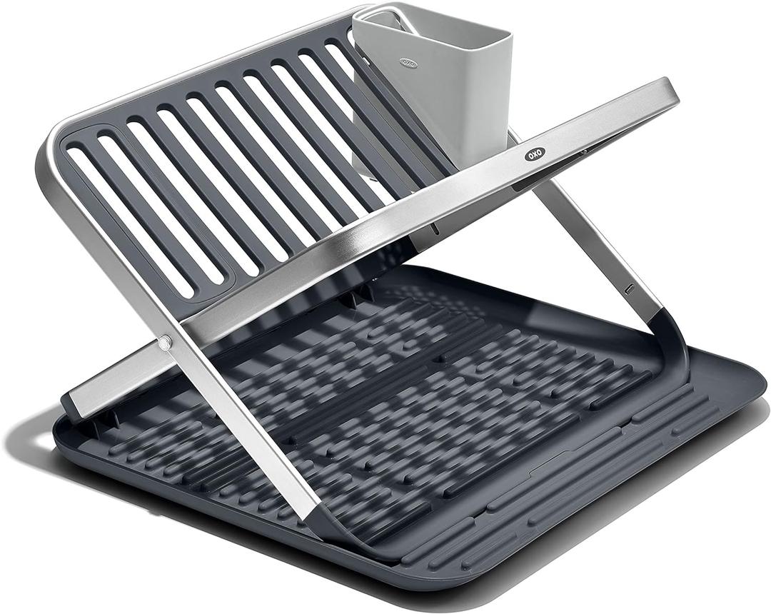 OXO Good Grips Aluminum Fold Flat Dish Drying Rack, 2-Tier, with Drainboard, for Kitchen Counter, Collapsible OXO Good Grips Aluminum Fold Flat Dish Drying Rack, 2-Tier, with Drainboard, for Kitchen Counter, Collapsible