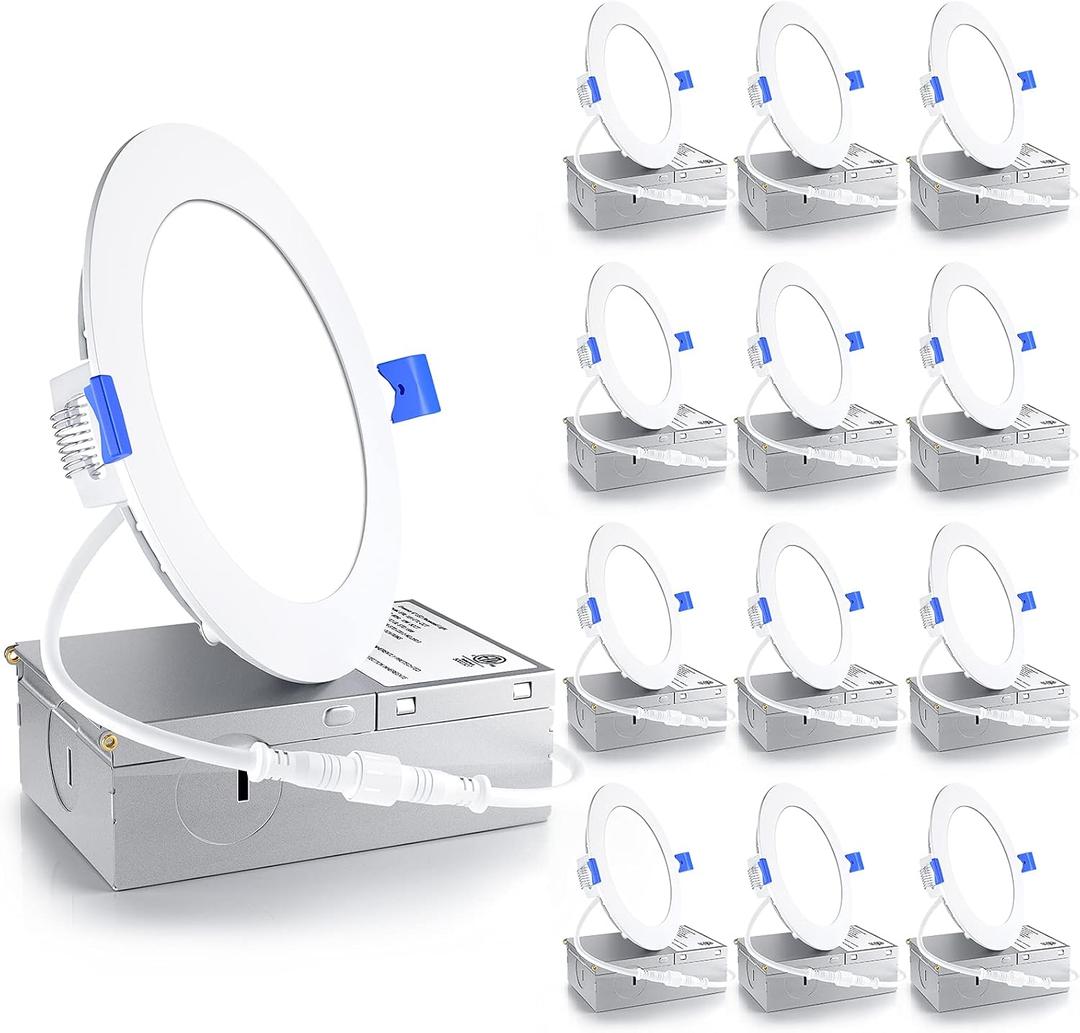 Ensenior 12 Pack 4 Inch LED Recessed Light, Dimmable, 5000K Daylight, 750LM High Brightness, 9W 120V, 2 Pin, ERL-9X-ETL, Damp Rated, Ultra-Thin Canless Wafer Ceiling Light - ETL & FCC & IC