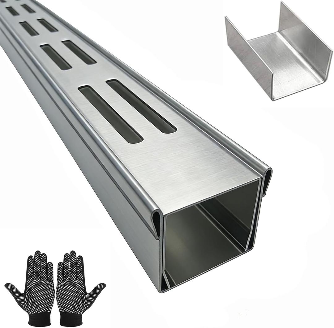 304 Stainless Steel Trench Drain Kit,Narrow Channel Drain with Grate & Coupling, Outdoor Drainage for Pool Deck/Yard/Driveway/Garage (1, Silver Gray, 3.3FT X 1.4IN X 1.2IN)