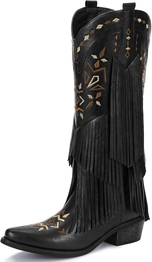 Cowboy Boots for Women - Fringe Knee High Cowgirl Boots with Classic Embroidery, Pointed Toe Pull on Retro Design, Perfect for Western Parties, Weddings and Events (Black) Size: 8.5