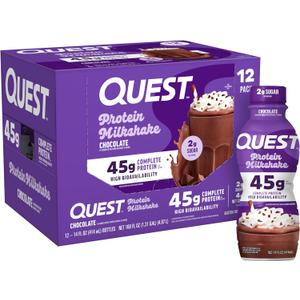 Quest Nutrition Chocolate Protein Shake, 45g Protein, 2g Sugar, 4g Net Carbs, Ready to Drink, Gluten Free, 12 Count (EXP 09/14/26)