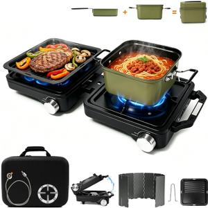 2 Burner 24000 BTU Propane Camping Stove, Foldable Camp Stove with 2-in-1 Frying Pan & Pot, Adjustable Burner Dual Gas Stove,Camp Cooking Set with Windshield, Carry Bag for Tailgating, Picnic, Black