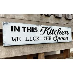 In This Kitchen We Lick The Spoon Sign 6x18 Inch, Farmhouse Kitchen Decor for Wall, Vintage Funny Rustic Kitchen Decor Wall Signs, Rustic Kitchen Signs (A1)