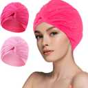 Swim Caps for Women Polyester Turban Strong Non-Slip Swimming Hat Elastic Swimming Pool Cap for Long and Short Hair (Pink, Rose Red)