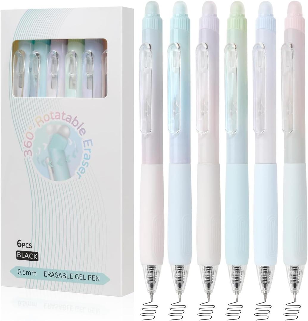 Erasable Pens, 6 Pack Fine Point 0.5mm Black Erasable Gel Pens with 360Rotating Erasers, Make Mistakes Disappear, Comfort Grip for Drawing, Writing, Planning, and Crossword Puzzles (Black Ink)